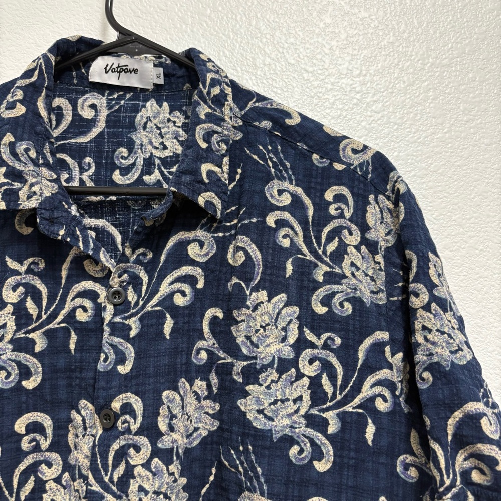 Vatpave Mens Sz XL Button Up Short Sleeve Shirt Blue Cream Hawaiian Floral Boho